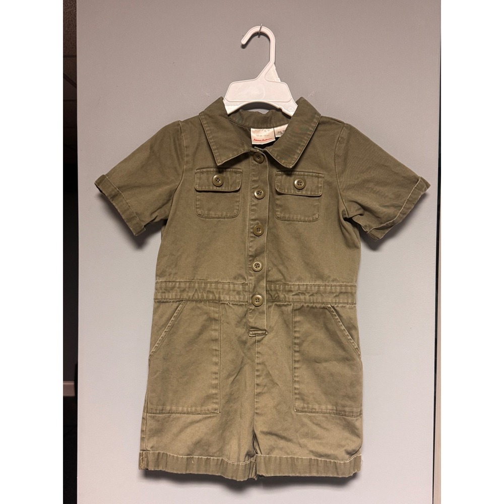 Hanna Andersson Kids Olive Green Jungle Utility Romper Embroidery Sx 120 US 6-7